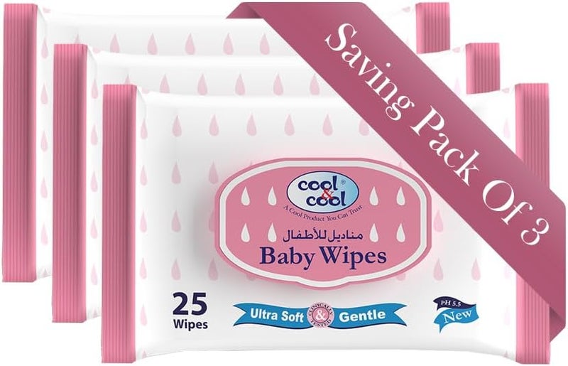 Cool & Cool Baby Wipes - Pack of 3 (75 Wipes) - Ultra Soft & Gentle, Alcohol Free, Paraben Free, Enriched with Vitamin E and Aloe Vera - Image 1